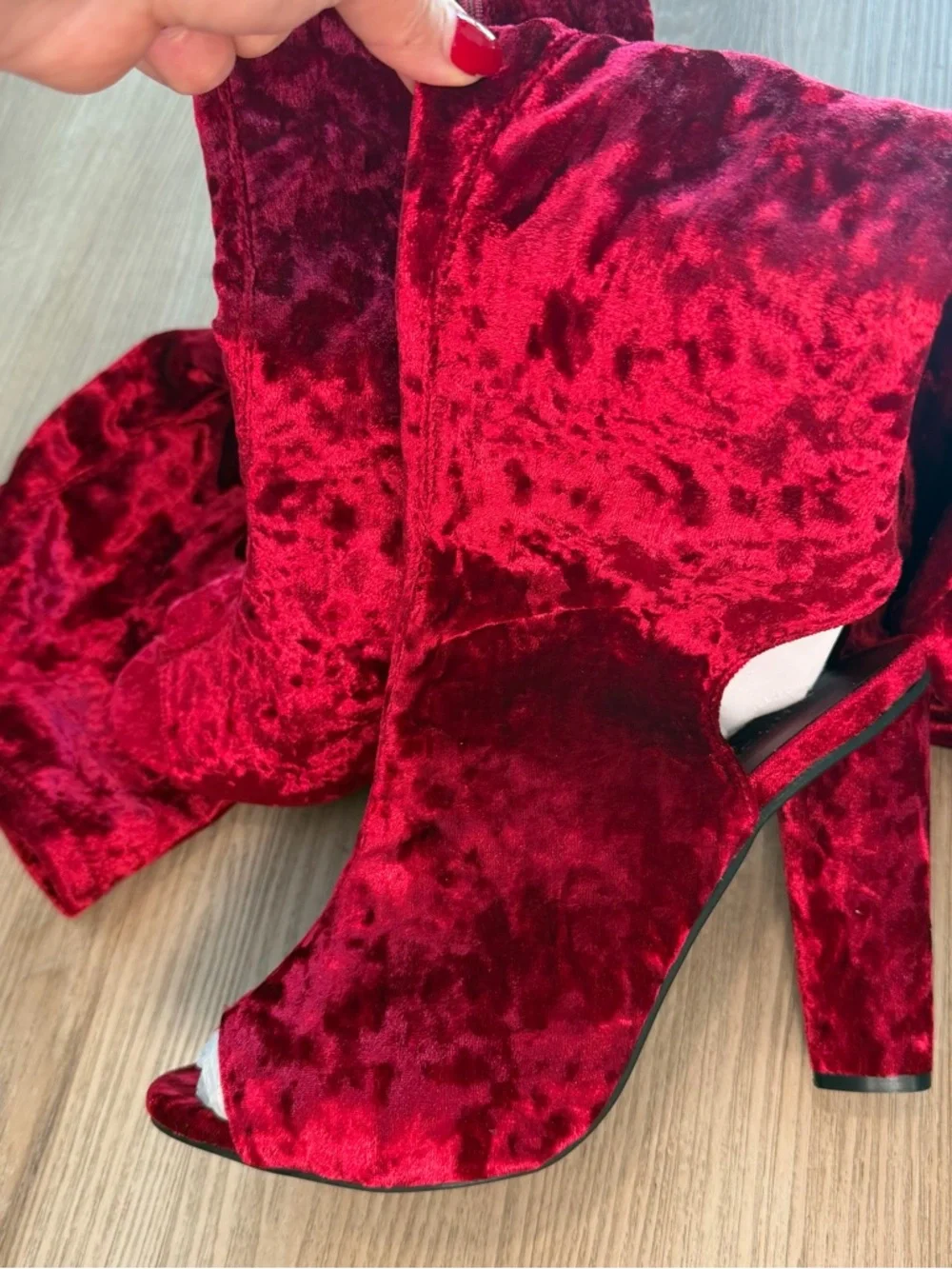 Red Velvet Over-the-Knee‎ Peep-Toe Heels